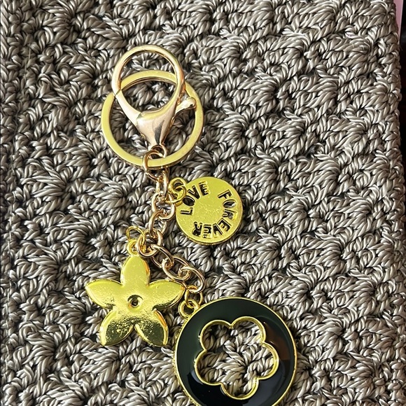 Gold and Black Bag Charm Keychain with Flower Charms - Picture 3 of 5